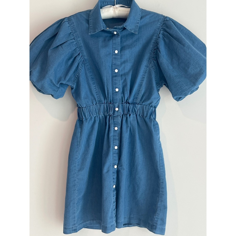 Denim Blue Chambray Puff Sleeve Pearl Snap Buttons Elastic Waist Mini Dress M